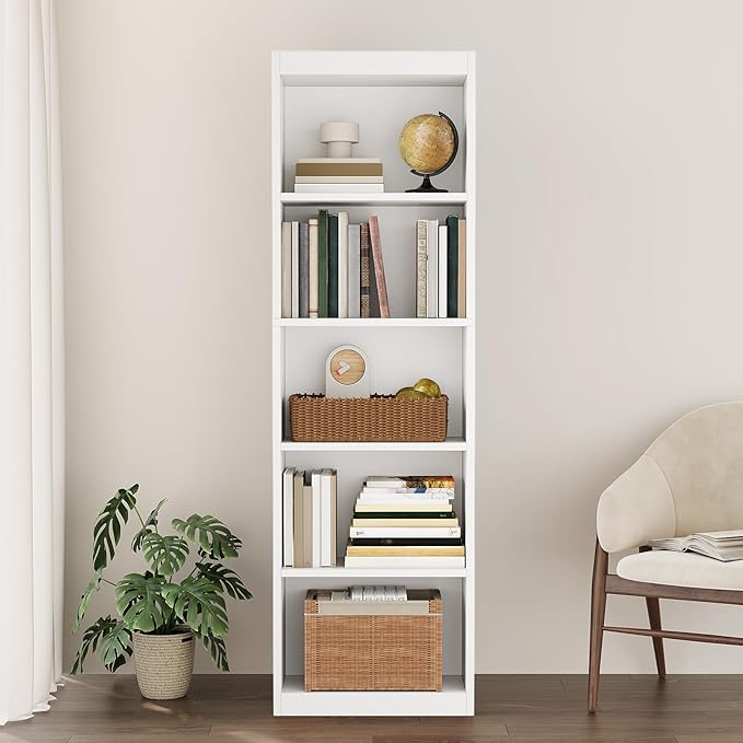 5-Tier Bookcase Set of 2, Open Storage Shelf, Narrow Tall Book Shelf, Freestanding Display Storage Shelves Suitable for Home Office, Living Room and Bedroom, White