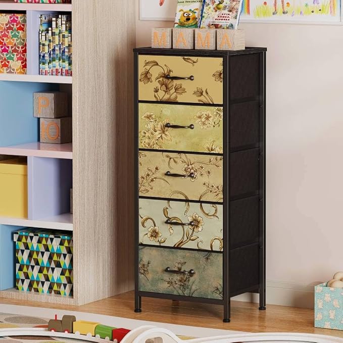 Furnulem Vertical Dresser for Bedroom, Tall Skinny Storage Tower with 5 Fabric Drawers, Chest of Drawers for Living Room, Dorm, Entryway, Vintage Furniture, Wood Top