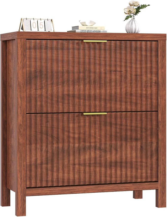 Shoe Cabinet Storage for Entryway, Fluted Shoe Cabinet with 2 Flip Drawers, Hidden Shoe Rack Tall Freestanding Shoe Organizer with Legs for Hallway, Walnut