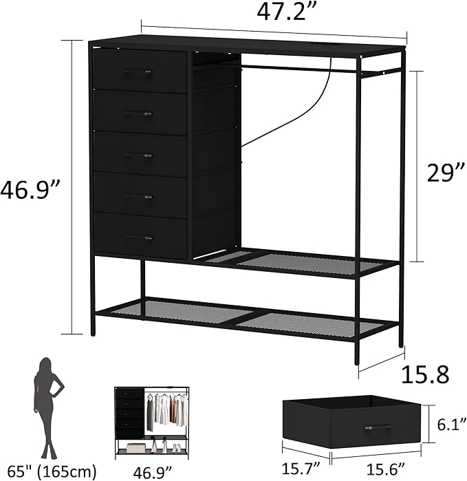 Dresser with Hanging Rack, Black Dresser for Bedroom, Chests of Drawers for Closet, 5 Fabric Drawers Clothes Rack, with Sturdy Metal Frame, LED Lights, Charging Station