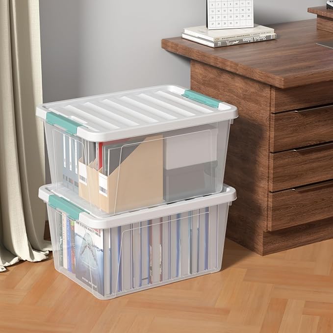 6-Pack 35 quart Large Plastic Storage Bin, Latching Box with Clear Base, White Lid and Green Latches