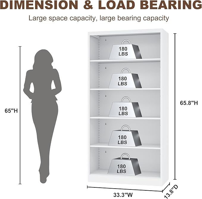 Book Shelf Organizer, Metal Bookshelves Adjustable, 5 Tier White Bookcase, Heavy Duty Open Bookshelf for Office, Living Room, Library, Bedroom, 65.8" Tall