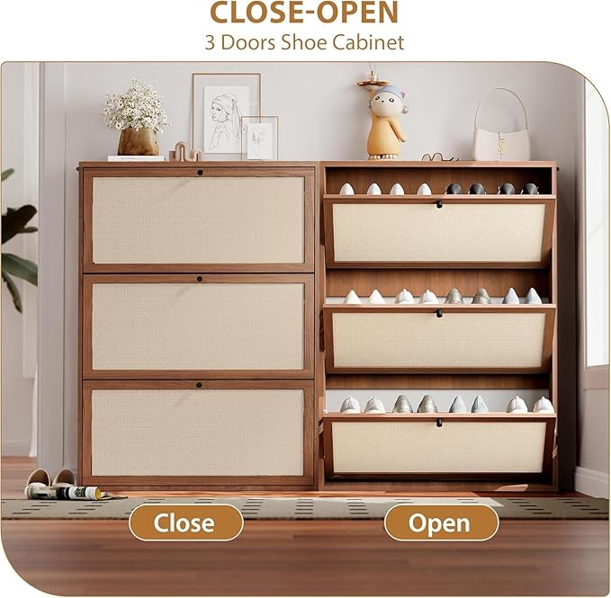 Narrow Shoe Storage Cabinet with 3 Flip Drawers, Wood Shoes Cabinet with Linen Doors Drawer, Freestanding Shoe Organizer Slim Shoe Cabinet Storage Shoe Rack for Entryway Hallway (Walnut)