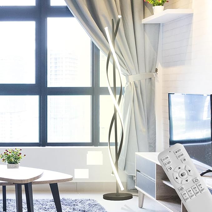 61" LED Floor Lamp for Living Room, 40W 3 Colors Stepless Dimmable and Color-Changing Bright Floor Standing Lamp,Unique Spiral Floor Tall Lamp for Bedroom Office with Remote (Black)