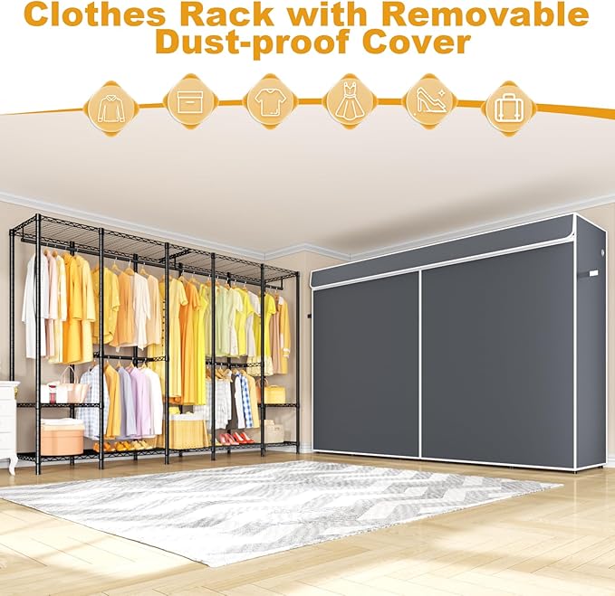 H50C Extra Large Clothes Rack with Cover, Freestanding Portable Closet, Covered Clothing Racks for Hanging Clothes, Heavy Duty Garment Rack, Wardrobe Closet with Gray Cover Max Load 1350 Lbs