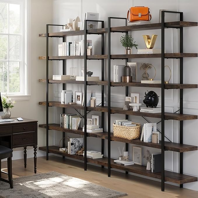 6-Tier Industrial Bookcase, 47 Inch Wide Wood Bookshelf, 120lbs Shelf Capacity, Rustic Open Shelving Heavy Duty Display with Reinforced Horizontal Brown Shelves for Living Room Bedroom Office -2Pcs