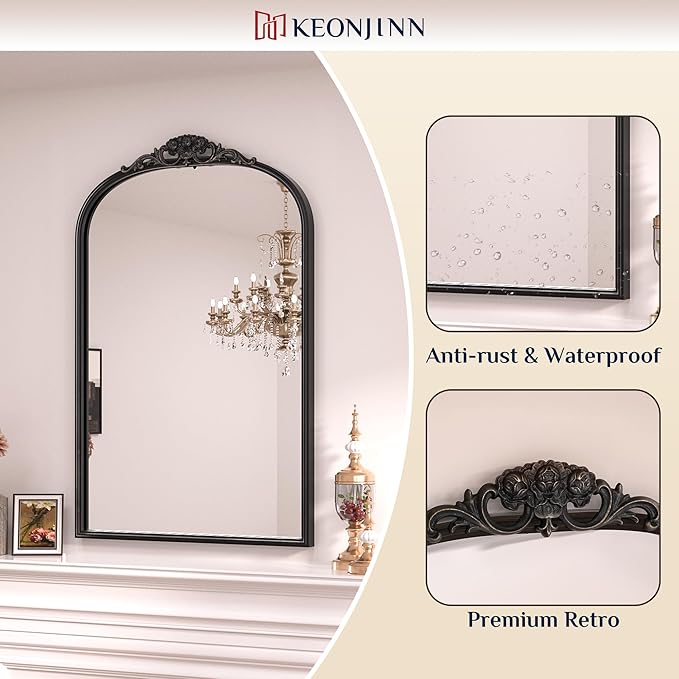 Keonjinn Vintage Mirror for Wall, 36" x 30" Black Antique Mirrors with Metal Frame, Baroque Style Decoration for Mantle, Bathroom, Living Room, Fireplace, Bedroom, French Cleat Mounting