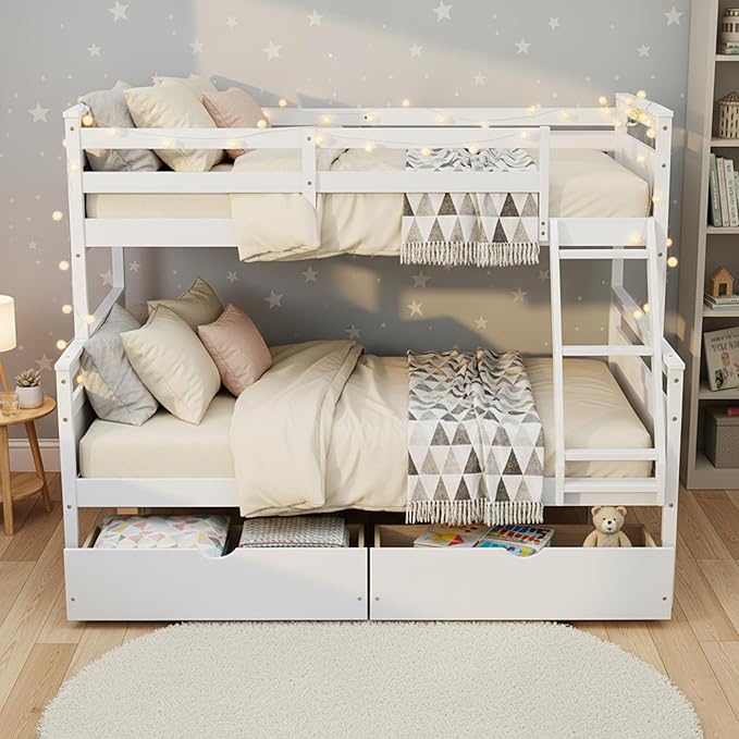 Twin Over Full Bunk Bed with Drawers, Convertible to 2 Separate Beds, Twin Bed Frame with Storage, Ladder and Safety Guardrails, No Box Spring Needed, Perfect for Kids Teens Adults Bedroom, White
