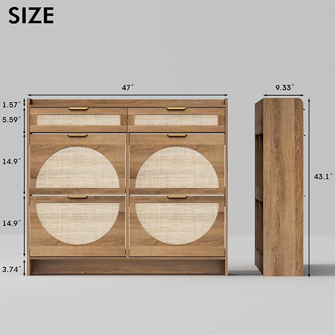 Rattan Shoe Storage Cabinet with 4 Flip Drawers & 2 Drawers, Freestanding Organizer for Front Door Entrance, Hidden Narrow Shoe Rack Cabinet Storage for Entryway, Rustic Oak Rattan