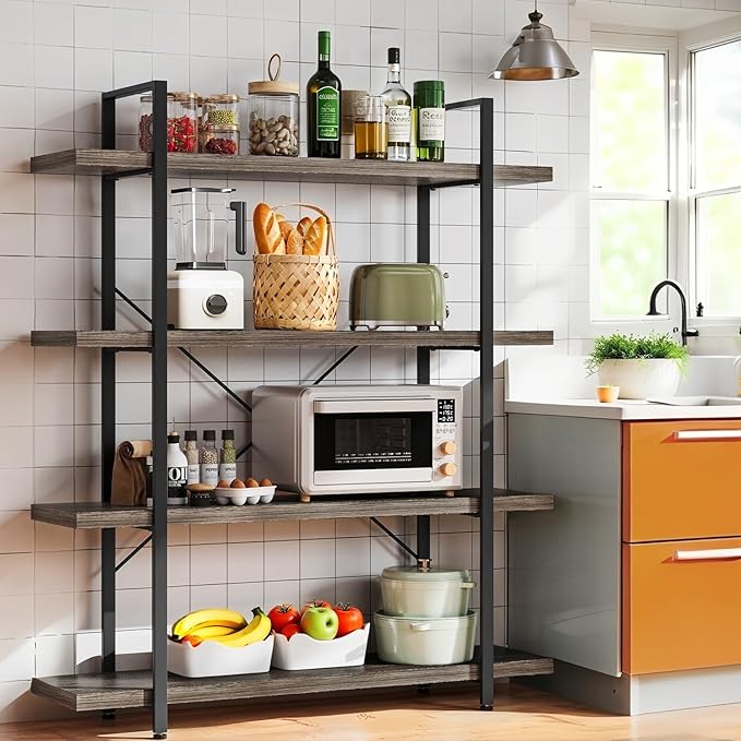 4-Tier Industrial Bookcase, 47 Inch Wide Wood Bookshelf, 120lbs Shelf Capacity, Rustic Open Shelving Heavy Duty Display with Reinforced Horizontal Grey Shelves for Living Room Bedroom Office - 2Pcs