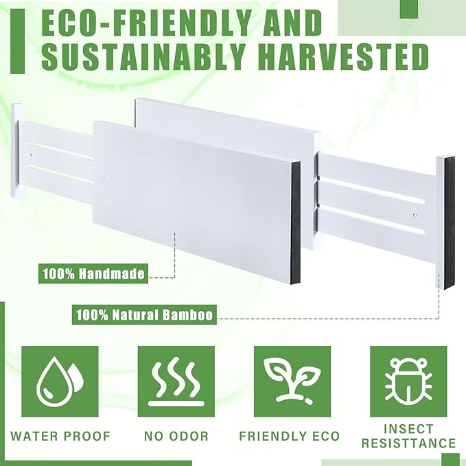 4 Pcs Deep Bamboo Drawer Dividers, Deep Kitchen Dresser Drawer Organizer with Spring Loaded for Clothes, Adjustable Expandable from 15-22 Inch(6 Inch,White)