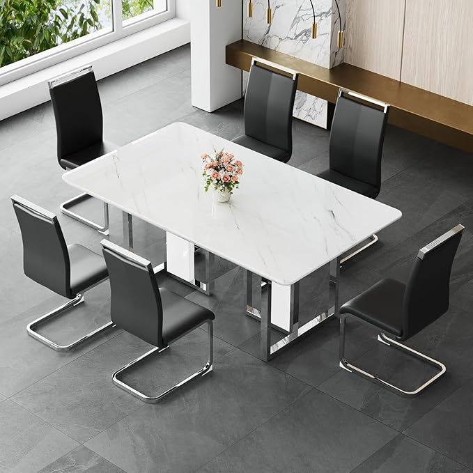 JUFU Dining Table Set for 6, 67'' Kitchen Table Chairs Set of 6 with Faux Marble Tabletop and Sturdy Leg, White Rectangle Dinner Table Set for 6 with PU Chairs, Perfect for Dining Room and Kitchen