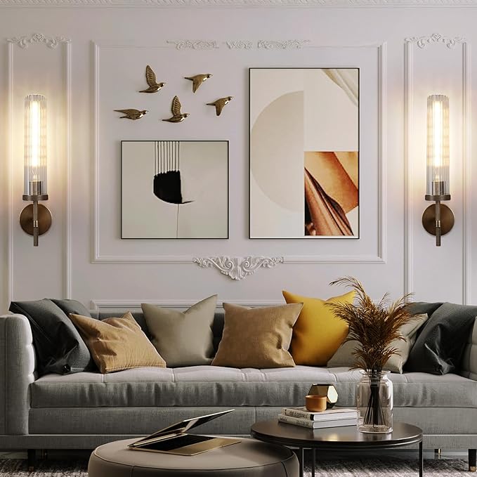 19.5" Knurled Brass Wall Sconce with Vertical Striped Glass Tube, Bronze Bathroom Vanity Light Fixtures, Modern Lamp Lighting for Bedroom, Living Room, Hallway, Staircase, Mirror, Kitchen