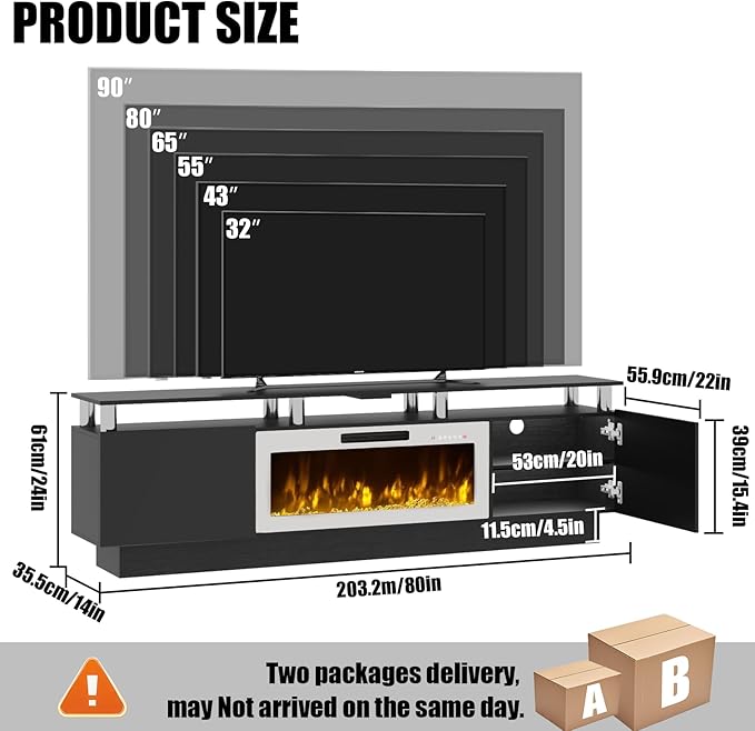 80" Modern Fireplace TV Stand with 36" Electric Fireplace for TVs Up to 90 inch, Luxury LED Light Entertainment Center with High Gloss Cabinet, Black + Silver Posts with White Fireplace