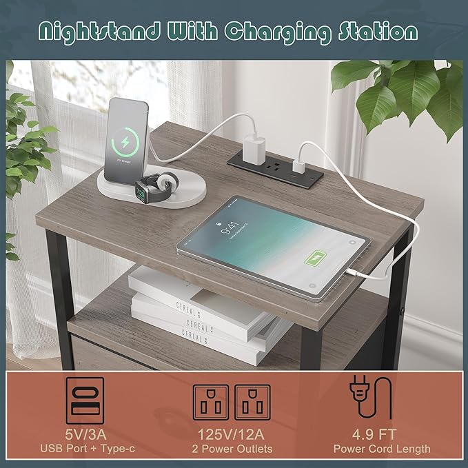 Nightstand with Charging Station,LED Grey Nightstand with 4 Fabric Drawers, Bedside End Tables, 2-Tier Open Storage Shelf Side Table Nightstand with Drawers for Bedroom,Grey