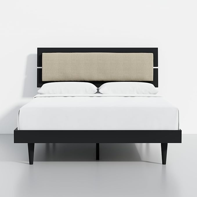 Modern Solid Wood Platform Bed with Adjustable Headboard with Cushion – No Box Spring Needed,Fast Assembly – Full Size in Black