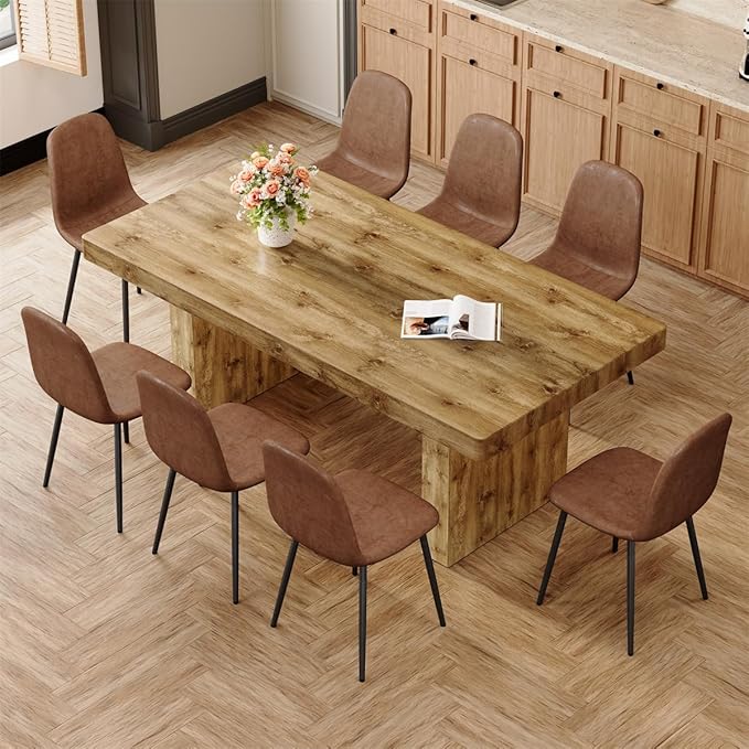 Dining Table Set for 8, 79" Large Wood Dining Room Table Set with 8 Upholstered Chairs, Farmhouse Rectangular Kitchen Table Sets for Dining Room,Brown