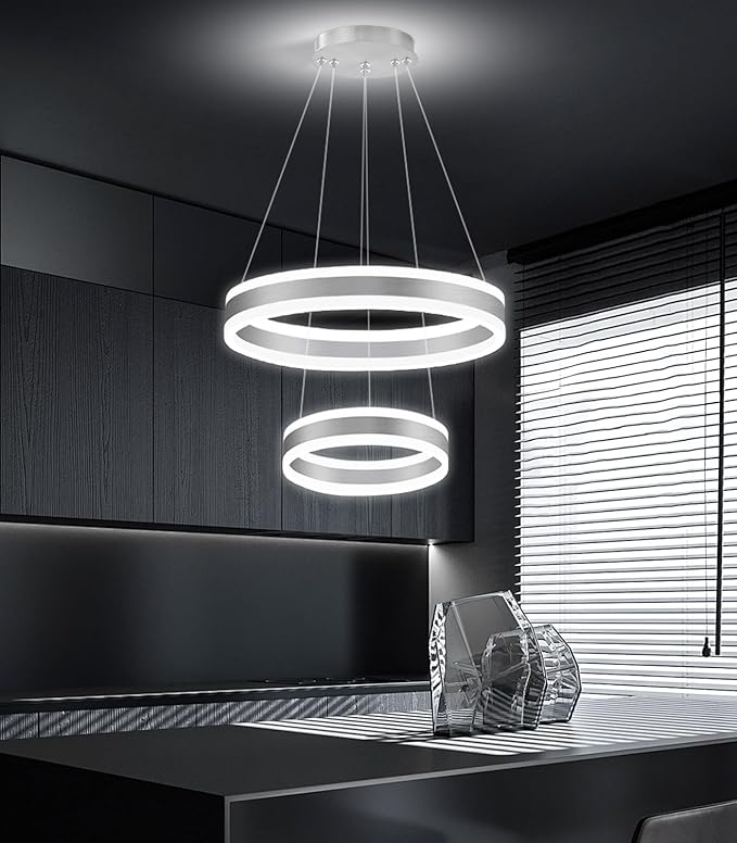 D7.8''+15.7'' Modern Ring Chandelier for Dining Room LED Dimmable Pendant Lighting for Living Room Foyer Bedroom Entryway 3000K-6000K Silver