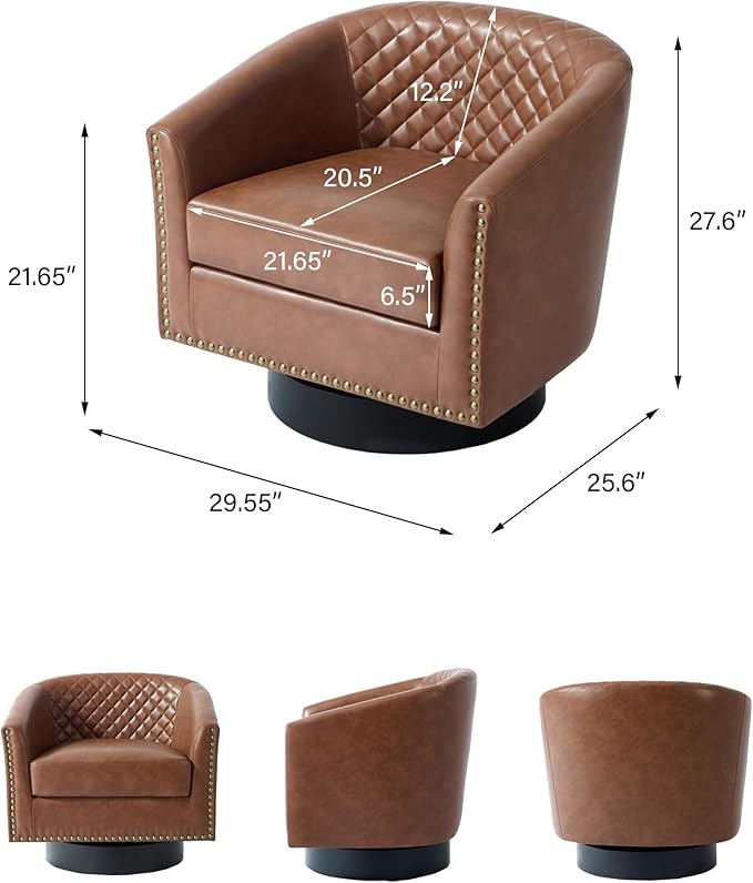Swivel Barrel Accent Chair, Comfy Modern Upholstered Round Faux Leather Arm Chair for Living Room, Bedroom（Brown, Set of 4