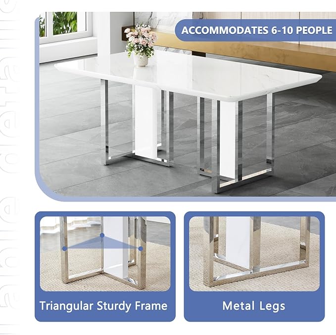 JUFU Dining Table Set for 6, 67'' Kitchen Table Chairs Set of 6 with Faux Marble Tabletop and Sturdy Leg, White Rectangle Dinner Table Set for 6 with PU Chairs, Perfect for Dining Room and Kitchen