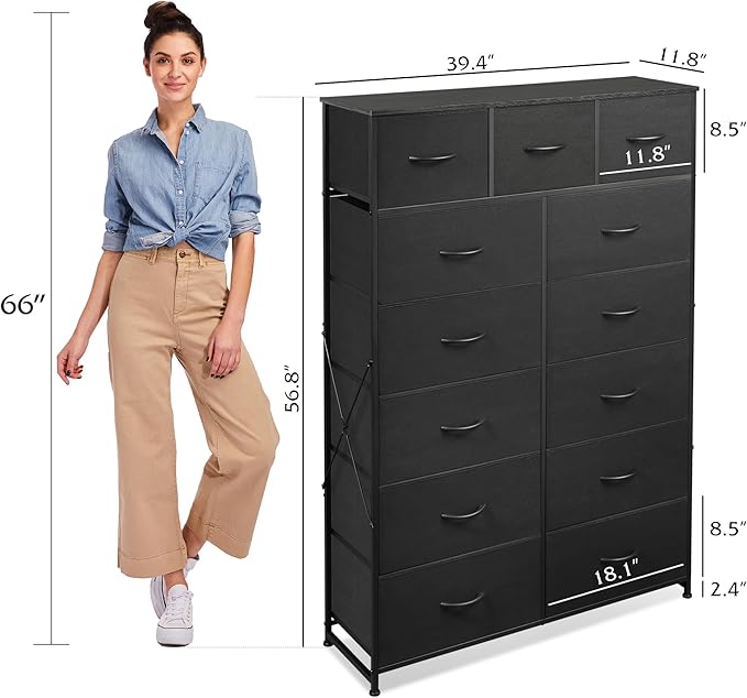 WLIVE Storage Organizer Unit with 13 Fabric Bins, Storage Drawers Organizer with Steel Frame, Tall Storage Tower Organizaton for Living Room, Hallway, Office, Charcoal Black