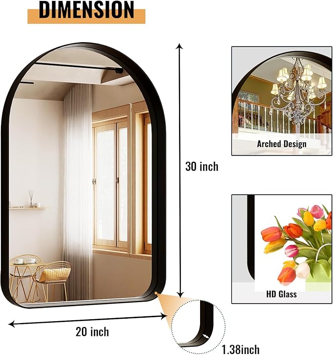30"x20" Arched Bathroom Mirror - Modern Black Mirror for Wall with Rounded Corners, Bathroom Mirror for Vanity, Aluminum Alloy Framed Mirror - for Living Room, Bedroom, Cloakroom