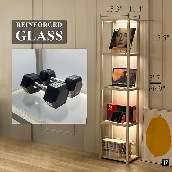 FENLO LED Display Shelf Unit – Dimmable Lighted Furniture for Bedroom, Living Room, or Office – Glass Curio Cabinet Shelf Lamp with App + Remote Control + Adjustable Lighting