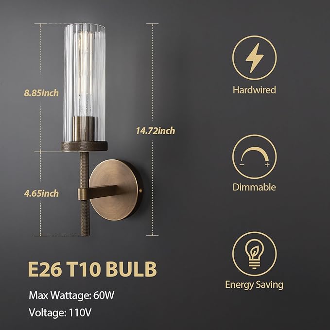 15" Knurled Brass Wall Sconce with Vertical Striped Glass Tube, Bronze Bathroom Vanity Light Fixtures, Modern Lamp Lighting for Bedroom, Living Room, Hallway, Staircase, Mirror, Kitchen