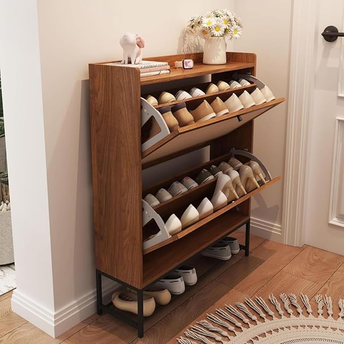 Narrow Shoe Cabinet with 2 Flip Drawers, Freestanding Shoe Organizer with Linen Doors, Slim Shoe Storage Cabinet Storage, Wooden Closed Shoe Rack for Entryway, Hallway, Living Room (Walnut)