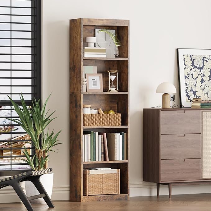 5-Tier Bookcase, Open Storage Shelf, Narrow Tall Book Shelf, Freestanding Display Storage Shelves Suitable for Home Office, Living Room and Bedroom, Rustic Brown