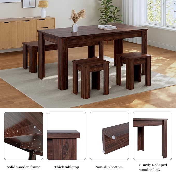 62.9" Wooden Dining Table with Bench and 2 Stools, Modern Kitchen Table and Chairs Set for 4 or 5 Person, Thickened MDF Wooden Table for Dining Room, Kitchen