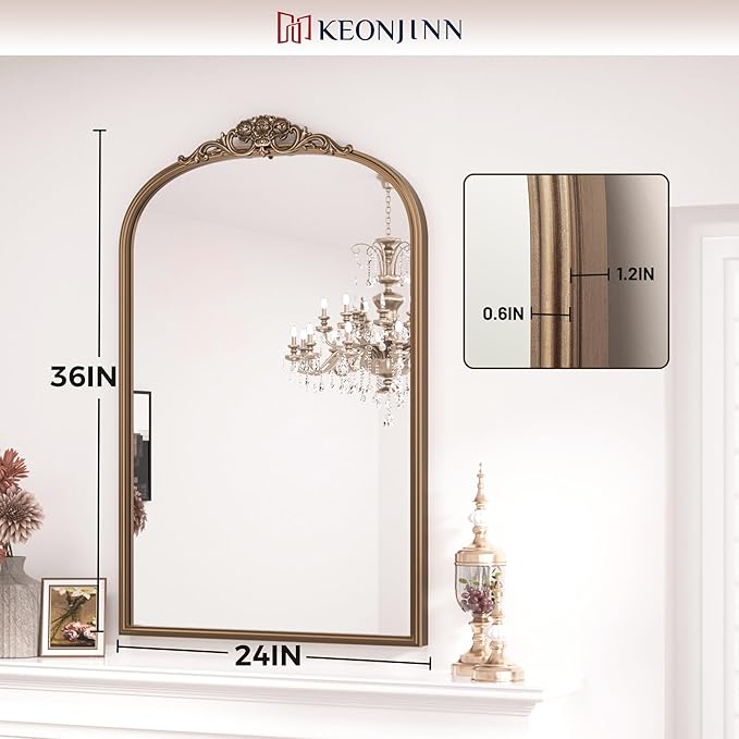 Keonjinn Vintage Mirror Gold 24" x 36", Arched Decorative Mirrors for Wall Decor, Antique Mirrors Bathroom, Ornate Baroque Brass Mirror for Mantle, Entryway, Living Room, French Cleat Mounting