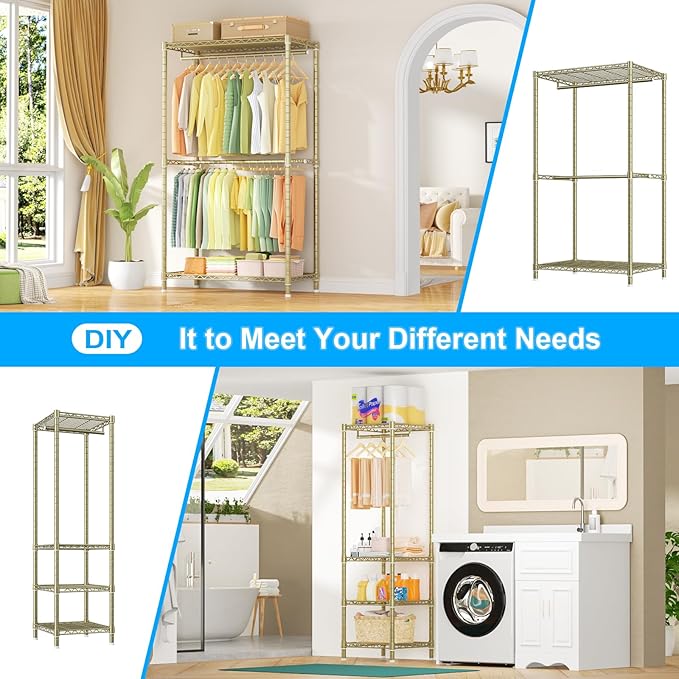 Ulif E10 Clothes Rack（With Stretchable Hanger Rod）Freestanding Clothing Racks for Hanging Clothes，Adjustable Closet Organizer System，Portable Garment Rack 73-97"W x 15" D x 72" H，Max Load 800LBS，Gold