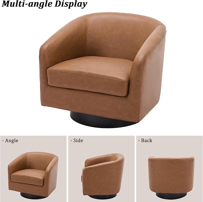 Swivel Barrel Chair, Modern Round PU Leather Accent Armchair for Living Room, Bedroom, Oversized Comfy Club Reading Chairs for Adults (Leather Brown, Set of 1)
