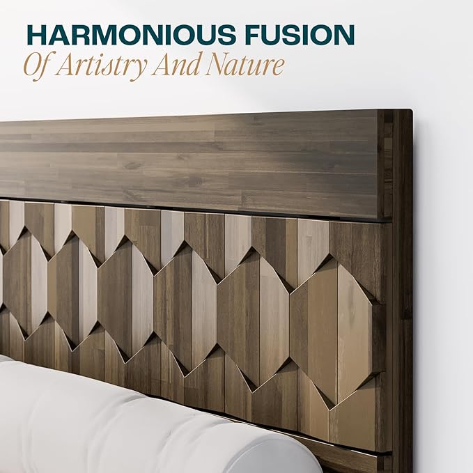 Bme Georgina Signature Mocha Bed Frame, Queen Bed Frame and Headboard Handcrafted Geometric, Mid Century Modern, Solid Acacia Wood, No Box Spring Needed, 12 Strong Wood Slats Support, Easy Assembly