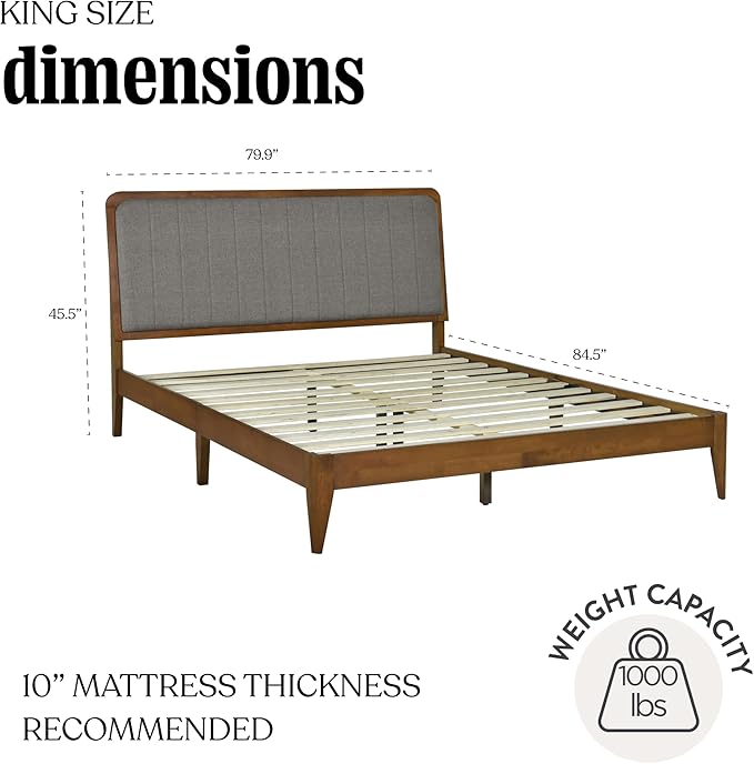 DG Casa Raven Solid Wood King Size Bed Frame - Mid Century Modern Style, Platform with Tufted Upholstered Adjustable Height Headboard, No Box Spring Required, Walnut Finish, Brown Fabric