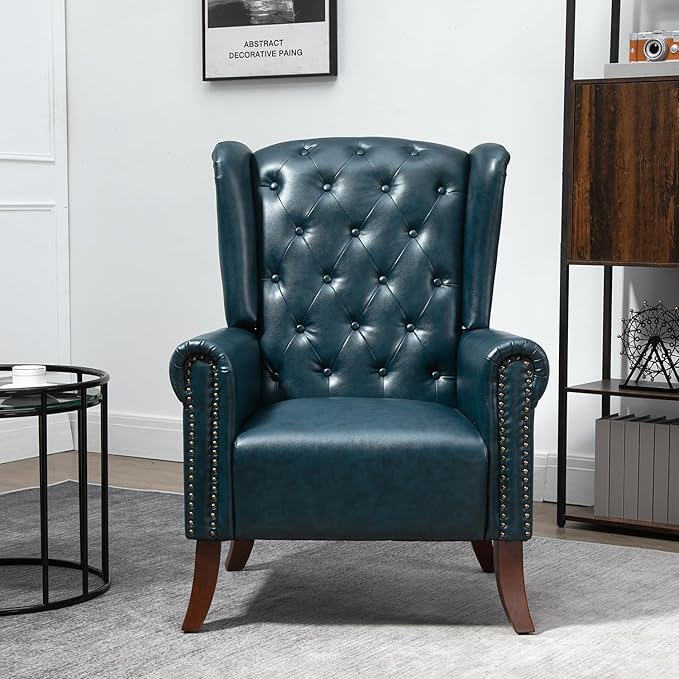 MOJAY Modern PU Leather Accent Chair, Living Room Lounge Sofa Chair with Buttons, Single Club Armchair with Rivet Trim for Bedroom Home Reception (DarkBlue)