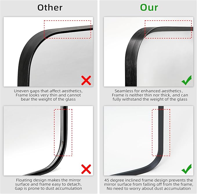 Wall Mount Mirror for Bathroom, Brushed Black Metal Framed Large Rounded Corner Rectangular Vanity Mirror, Tempered Glass (28" x 60", Black)