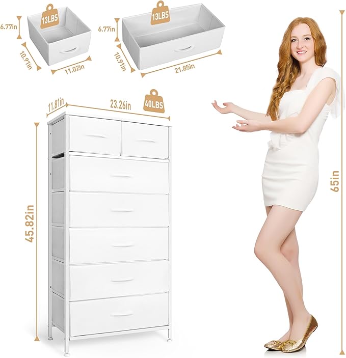 Tall Dresser for Bedroom, Vertical Storage Organizer Tower with 7 Drawers, Chest of Drawers with Fabric Bins, Steel Frame, Wood Top for Bedroom, Closet, Entryway- White