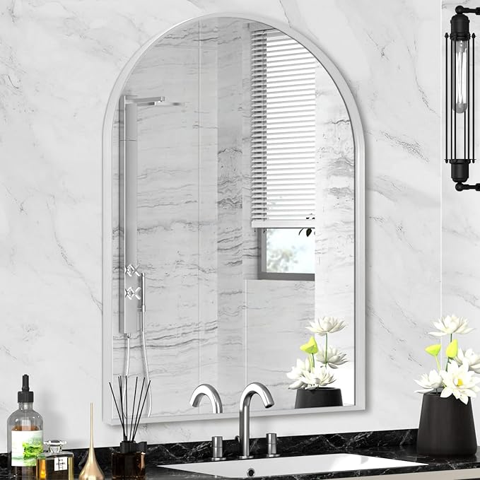 22" x 30" Silver Arched Mirror, Arch Bathroom Vanity Mirror, Modern Aluminum Alloy Metal Frame Arch Mirror for Living Room, Bedroom, Entryway, Tempered Glass, Shatter Proof, Anti-Rust