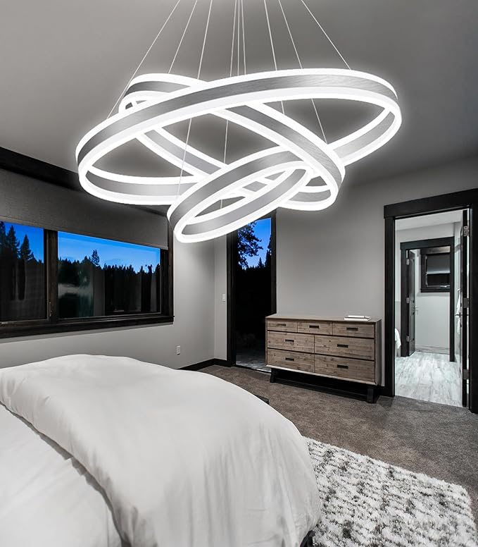 3 Ring D31.5 Modern LED Chandelier, Flush Mount Ceiling Lighting for Living Room, Adjustable Height Pendant Light for Staircase Foyer Dining Room Entryway Sliver