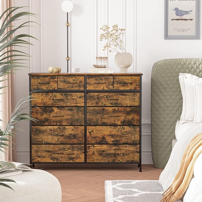 Dresser for Bedroom with 12 Drawers, Tall Fabric Drawer Dresser, Chest of Drawers for Closet, Nursery, Bedside, Living Room, Laundry, Entryway, Hallway(Rustic Brown)