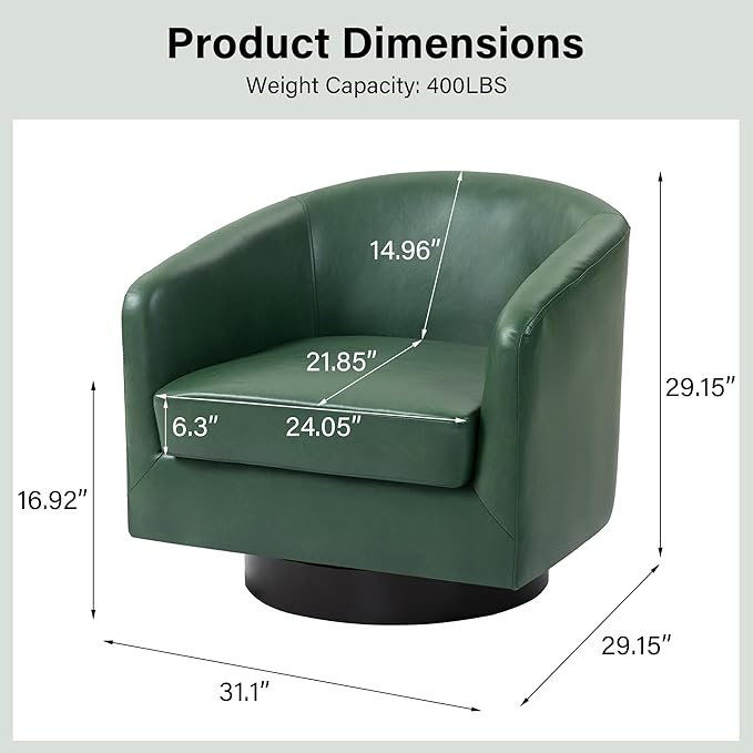 Swivel Barrel Chair, Modern Round PU Leather Accent Armchair for Living Room, Bedroom, Oversized Comfy Club Reading Chairs for Adults (Leather Green, Set of 2)