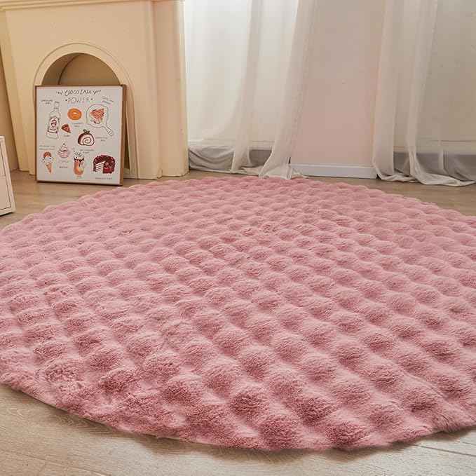 Pink Round Rabbit Plush Rug for Bedroom Living Room Sofa,5'X5' Faux Fur Fluffy Shaggy Circle for Kids Teen Girls,Furry Carpet Circular for Nursery Baby