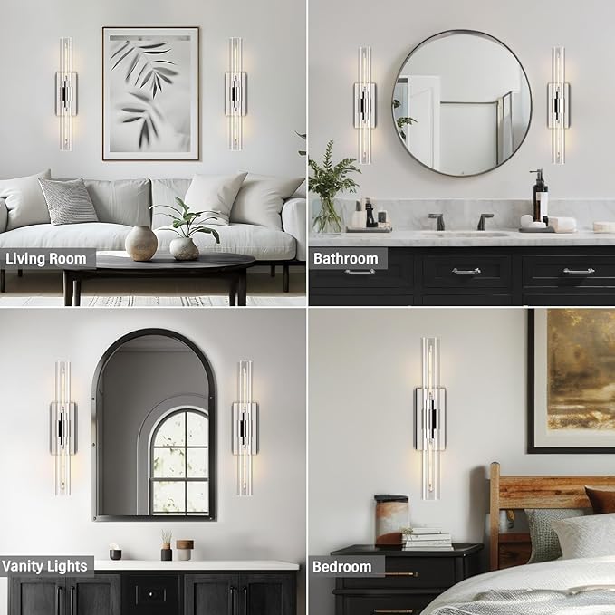 Wall Sconces Set of Two 22.8" Indoor Wall Light Fixtures, Nickel Bathroom Vanity Light Fixtures with Clear Glass, Modern Wall Lamp for Bathroom Living Room Bedroom Hallway(Bulb Included)