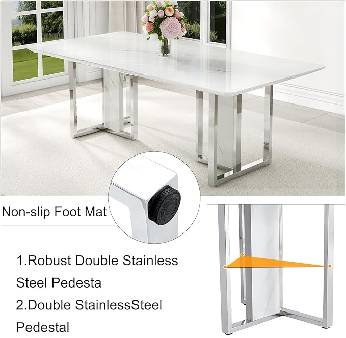 79 Inch Modern Dining Table Set for 8, White Luxury Kitchen Set with 1.8-inch Faux Marble Table Top & 8 PU Leather Upholstered Chairs for Dining and Living Room