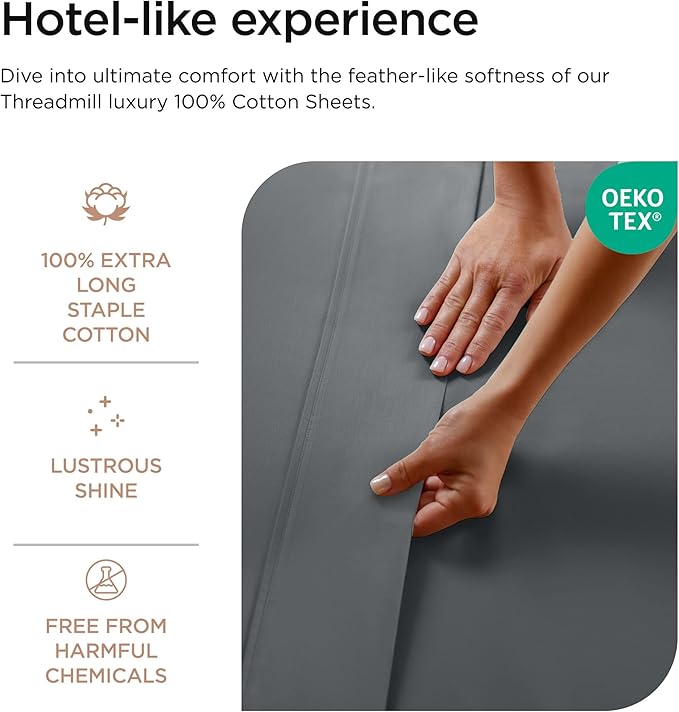 Threadmill 100% Cotton Sheets for Full Size Bed - 600 Thread Count Full Bed Sheets Set with 16” Deep Pocket - Sateen Weave 4-Piece Bedding Set with Cooling Effect, Dark Grey