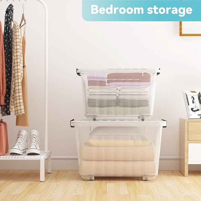 Nazhura 72 Quart Plastic Storage Bin, Stackable and Nestable Storage Boxes with Clear Lids and Secure Latching Buckles, Large Storage Container (Clear, 72Quart-4Pack)