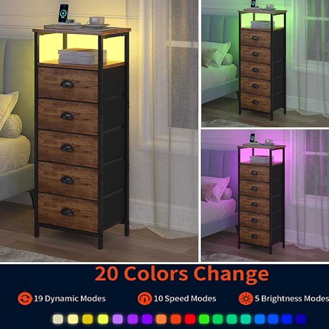 Nightstand with Charging Station,LED Night Stand with 5 Fabric Drawers, Bedside End Tables, 2-Tier Open Storage Shelf Side Table Nightstands with Drawers for Bedroom,Rustic Brown