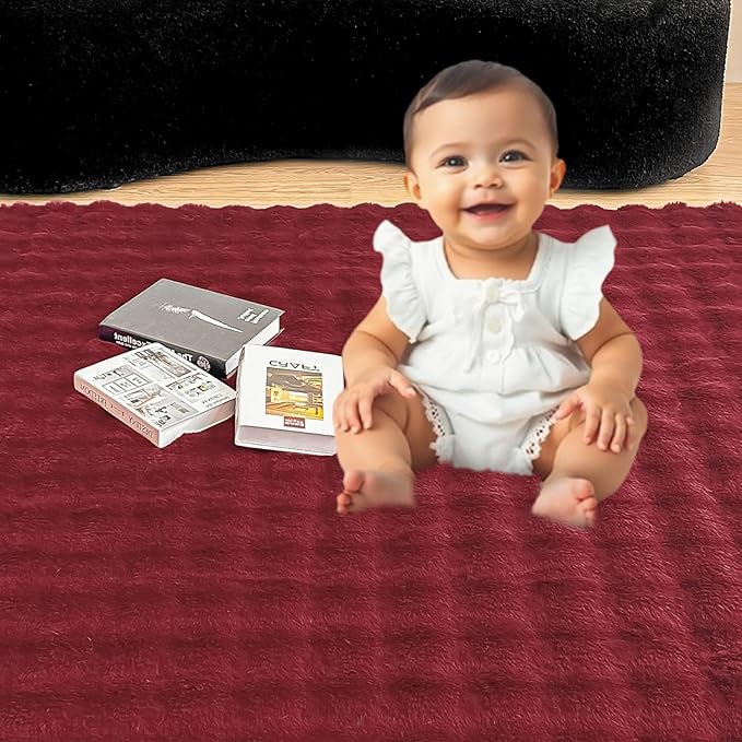 Wine Red Rabbit Plush Area Rug for Bedroom Living Room Sofa,4'X6' Faux Fur Fluffy Shaggy Rectangular Square Rug for Kids Teen Girls Room,Furry Carpet Rug for Nursery Baby Room Decor for Teenage